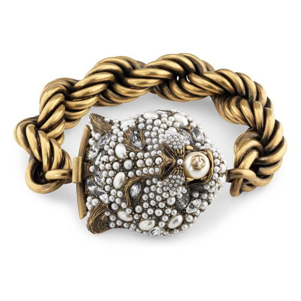 Gucci Chunky Feline Head Bracelet with Crystals NEW IN BOX